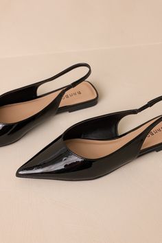 Experience the perfect balance of style and comfort with our Mixed Feelings Black Pointed-Toe Slingback Flats. These versatile flats feature a pointed-toe design and slingback strap, adding a touch of sophistication to any outfit. With their soft and sturdy construction, you'll feel confident and at ease with every step. Elevate your wardrobe and your mood with these stylish and supportive flats. These black flats feature a pointed toe, a patent finish, a slingback-style strap, and a sleek black color. Heel measures 0.75" All man-made materials Imported Slingback Flats Outfit, Pointy Flat Shoes, Flats With Straps, Dressy Flats Shoes, Black Slingback Heels, Black Pointed Heels, Black And White Flats, Black Pointed Toe Flats, Pointed Flats Shoes