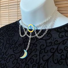 Goddess Choker. Silver Interwoven Multi-Chain Choker. Iridescent Moon And Circle. Looks Otherworldly In Any Light. Add To Your Witchy Wardrobe! Goth, Witch, Emo, Cosplay. Emo Cosplay, Witchy Wardrobe, Emo Jewelry, Moon Color, Mint Necklace, Quarter Moon, Goth Witch, Flower Choker Necklace, Choker Silver