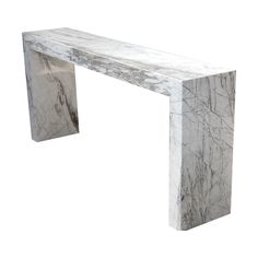 a white marble console table with silver veining on the top and sides, against a white background