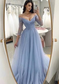 Off-shoulder Tulle Gown For Formal Occasions, Tulle Long Prom Dress, Long Sleeve Bridesmaid Dress, A Line Evening Dress, Long Sleeve Prom, Blue Tulle, Long Sleeve Evening Dresses, فستان سهرة, Vestidos Prom