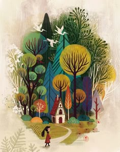 a painting of a person walking through a forest with trees and houses on the other side