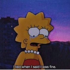 the simpsons character is crying in front of a purple sky with buildings and trees behind it