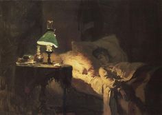 a painting of a bed with a lamp on the end table and a cat sleeping in it