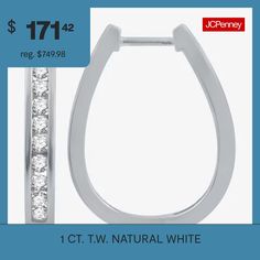 Diamond Clarity: I3Earring Back: HingedSetting: ChannelStone Cut: RoundDiamond Color: J-KMetal Color: WhiteEarring Length: 25.8mmEarring Width: 19.5mmRounded Carat Weight: 1 Ct. T.w.Care: Wipe CleanStone Type: 22 Natural DiamondAuthenticity: Natural DiamondBirthstone: April BirthstoneEarrings Style: Hoop EarringsMetal: Sterling SilverCountry of Origin: Imported Earrings Hoop, Diamond Clarity, Buy 1, White Diamond, Diamond White, Natural Diamonds, Hoop Earrings, Sterling Silver, Silver