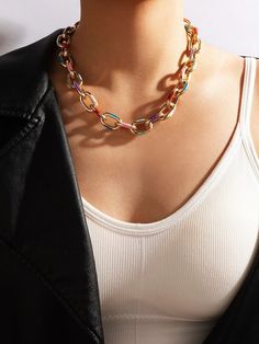 Colorful Large Chain Necklace Trendy Chain Link Necklaces For Party, Trendy Chain Link Necklace For Party, Clavicle Chain Necklace, Trendy Pink Chain Link Necklace, Trendy Pink Chunky Chain Jewelry, Trendy Link Necklaces For Party, Trendy Link Necklace For Party, Trendy Link Chain Necklace For Party, Pink Jewelry With Gold Chain