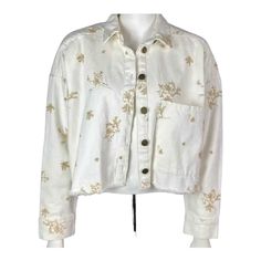 Zara Denim Jacket Jean Shirt White Metallic Floral Embroidery Extra Small Oversized, Cropped And Boxy Fit. Oversized Pocket. Off-White With Gold Embroidered Flowers. 100% Cotton, A Great Statement Piece! - Short Wide Jacket - Long Sleeves With Dropped Shoulders - Patch Pocket At Front - Button Up - Lighter Weight - New Without Tags- Brand New Condition As Well Casual White Embroidered Denim Jacket, White Embroidered Denim Jacket For Fall, Zara Casual Outerwear With Floral Embroidery, Oversized Zara Cotton Denim Jacket, Zara Oversized Cotton Denim Jacket, Embroidered White Denim Jacket For Spring, White Embroidered Denim Jacket For Spring, White Embroidered Cotton Denim Jacket, Zara Relaxed Fit Denim Jacket For Spring