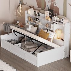 a white bench with storage underneath it in a room