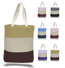 multicolored canvas tote bag with two handles and zipper closures on each side