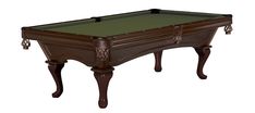 an antique pool table with wooden legs and wood trimming on the sides, in dark brown