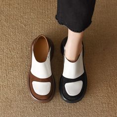 These loafers are designed in a timeless, minimal silhouette, so you'll be sure to wear them often. Made from soft leather, soft bottom that ensure all-day comfort. Wear yours with tailoring and denim alike. Color: Brown/BlackMaterial: CowhideLining: Genuine LeatherInsole: Genuine LeatherSole: EVA rubber foamHeels: 5 cm/1.97"Weight: 0.3.6kg Each Shoes (measured size 8.5) Fit: Medium to Wide, Runs Normal.Origin: Made in China Production Time: About 5-7 days (Any exceptional case will email you, P Casual Loafers With Contrast Sole For Fall, Casual Fall Loafers With Contrast Sole, Modern Brown Leather Flats, Leather Platform Loafers With Stitched Sole And Round Toe, Leather Flats With Contrast Sole And Round Toe, Leather Slip-on Platform Loafers With Round Toe, Black Slip-on Loafers For Everyday, Black Everyday Slip-on Loafers, Modern Leather Slip-ons For Fall