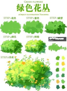 an image of green flowers and plants in the chinese language, step - by - step