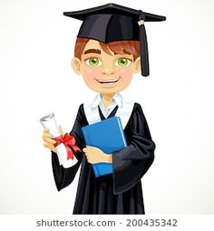 a boy in graduation cap and gown holding a book with a red ribbon on it