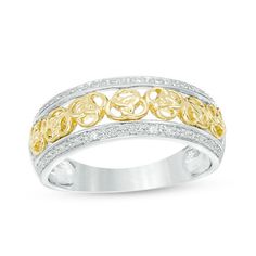 Say your vows as you place this wedding band on his finger. Crafted in 14K two-toned gold, this domed ring features an open-worked center design of yellow gold love knots framed top and bottom with sparkling diamond-lined white gold borders. Radiant with 1/8 ct. t.w. of diamonds and a bright polished shine, this wedding band reflects your love. Yellow Gold Filigree Ring With Decorative Band For Anniversary, White Gold Diamond Ring With Decorative Band For Promise, Anniversary Filigree Ring In Yellow Gold With Decorative Band, Anniversary Yellow Gold Filigree Ring With Decorative Band, Anniversary Diamond Ring With Decorative Band, Anniversary Gold Diamond Ring With Decorative Band, Gold Filigree Ring With Diamond Accents For Promise, Anniversary Filigree Ring In Yellow Gold With Diamond Accents, Anniversary Yellow Gold Filigree Ring With Diamond Accents