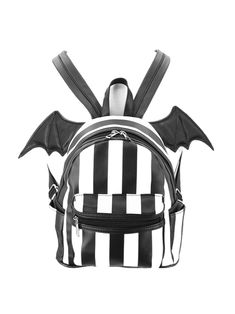 High quality vinyl material and uniquely designed Zippered closure for main compartment 1 zippered outside pocket, 2 side pockets, fabric lined interior, 1 zippered inside pocket, adjustable backpack straps MEASUREMENTS: Measures approximately 9.5in(L) x 6.5in(W) x 10in(H) Adjustable Standard Backpack With Zipper Closure, Bat Wing Backpack, Halloween Standard Backpack With Zipper Closure, Monster High Backpack, Goth Mini Backpack, Bat Purse, Backpack Straps, Bat Wings, Inside Pocket