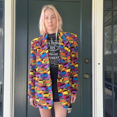 holy blazer babes! make a denim shorts and a tee fit look like perfection with this silk colorful lovely! easy as 1, 2, 3! whoa. hat print blazer, one button closure, boxy fit, lined, 100% silk, and ready to party! tags still attached with a replacement button attached as well. small area with black marks but not noticeable at all. it's sheer happiness in the form of a blazer and sure to become a staple in your closet. in good vintage condition. please refer to photos as they are part of the des Retro Multicolor Summer Outerwear, Multicolor Graphic Print Outerwear For Summer, Multicolor Graphic Print Summer Outerwear, Trendy Cotton Blazer For Summer, Trendy Multicolor Summer Blazer, Trendy Fitted Multicolor Blazer, Spring Fitted Blazer With Graphic Print, Fitted Multicolor Summer Outerwear, Fitted Graphic Print Blazer For Fall