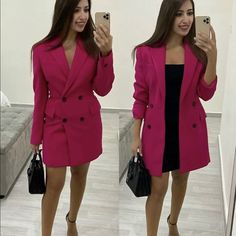 Blazer Dress With Lapel Collar And Long Sleeves. Flap Pockets At Front And Welt Pocket At Chest. Front Double Breasted Button Closure. Color Fuchsia Outer Shell 69% Polyester28% Viscose3% Elastane Lining 100% Viscose Box #90 Notch Lapel Jacket Dress With Buttons For Party, Double-breasted Button-up Blazer Dress For Parties, Spring Jacket Dress With Button Closure For Party, Spring Party Jacket Dress With Button Closure, Pink Blazer Dress With Notch Lapel, Semi-formal Jacket Dress With Lapel Collar, Notch Lapel Dress With Button Closure, Notch Lapel Jacket Dress With Buttons For Spring, Chic Jacket Dress With Button Closure