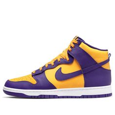 The Nike Dunk High "Lakers" is a classic style brought to life with in the team's signature court purple overlays and a matching swoosh over an amber foundation. The high-top upper is crafted from soft leather with a perforated toe box, woven Nike tag and breathable nylon tongue for long-lasting comfort. The design is completed with white sides, a durable purple rubber outsole and long-lasting rubber cup sole; ideal for showing your support for the team. (SNKR/Skate/Men's/Casual/High Top) Custom Painted Shoes, Skate Man, Rug Ideas, Nike Dunk High, Dunk High, Custom Painted, Painted Shoes, Nike Dunk, Nike Dunks