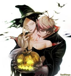 two anime characters hugging each other with a pumpkin in front of them and bats flying around