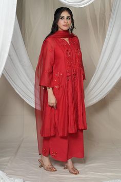 Red anarkali with thread, sequin and tassel embroidery in floral motifs. Paired with matching pant, dupatta and slip. - Aza Fashions Semi-stitched Red Palazzo Set For Festivals, Red Churidar With Sheer Dupatta In Chinon, Red Kurta With Sheer Dupatta For Wedding, Wedding Red Kurta With Sheer Dupatta, Red Anarkali Set With Sheer Dupatta For Eid, Eid Red Anarkali Set With Sheer Dupatta, Red Dress With Sheer Dupatta For Eid, Red Dresses With Sheer Dupatta For Eid, Designer Red Georgette Salwar Kameez