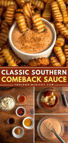 an image of some food in bowls and sauces on the table with words that read classic southern come back sauce