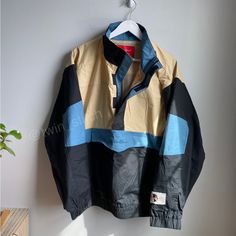 Nwt Originally $180 From Pacsun Tan Blue & Black Color Block Design Front Kangaroo Pouch Pocket 1/2 Zip & Velcro Closure With High Collar Neckline Casual Patchwork Track Jacket For Outdoor, Casual Brown Half-zip Outerwear, Navy Casual Half-zip Outerwear, Beige Half-zip Casual Outerwear, Casual Beige Half-zip Outerwear, Blue Black Color, Color Block Design, Kangaroo Pouch, Block Design