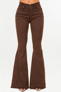 Leopard Print Bell Bottoms Brown Denim Lightweight Denim ~ Feels Like Chino/Khaki Material Also Available in Pine Green & Burgundy 5 Pocket Frayed Hem Front and Back Pockets Available in 30", 32", & 34" inseam 10.5" Rise Made in USA We Recommend You SIZE UP One Full Size! Futch Fashion, Ugly Outfit, Leopard Flares, Printed Bell Bottoms, Inspirational Outfits, Coyote Ugly, Brown Denim, Wardrobe Wishlist, Best Stretches