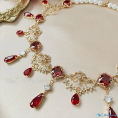 OrcaJump - Exquisite Lolita Crystal Necklace - Available in 3 Striking Colors Bridgerton Jewellery, Red Gold Jewelry, Bridgerton Jewelry, Bridgerton Dresses, Fancy Necklaces, Belt Ideas, Expensive Necklaces, Jewellery Designing, Ruby Necklace Designs