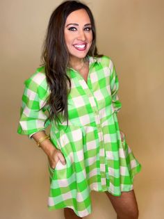 Plaid collared button up 3.4 sleeve mini dress featuring pockets at side. Unlined. Woven. Final Sale Green Shirt Dress With Pockets For Day Out, Collared Mini Dress For Daywear In Spring, Spring Day Out Collared Dress, Green Collared Shirt Dress For Work, Long Sleeve Mini Dress With Pockets For Day Out, Collared Spring Dresses For A Day Out, Collared Dresses For Spring Day Out, Trendy Collared Spring Dresses, Summer Green Collared Mini Dress