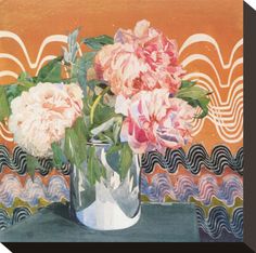 a painting of pink flowers in a vase on a table with an orange wall behind it