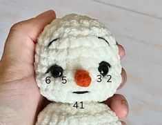 a hand holding a white stuffed snowman with numbers on it