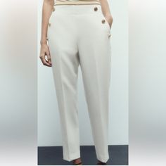 New With Tag Beige Office Bottoms With Pockets, Beige Buttoned Pants For Work, Beige Pants With Buttons For Work, Beige Buttoned Bottoms For Workwear, Beige Bottoms With Buttons For Workwear, Zara Bottoms With Pockets For Office, Zara Office Bottoms With Pockets, Casual Office Bottoms With Pockets, Casual Office Wear Bottoms With Pockets