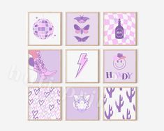 a set of six purple and white wall art prints with different designs on the walls