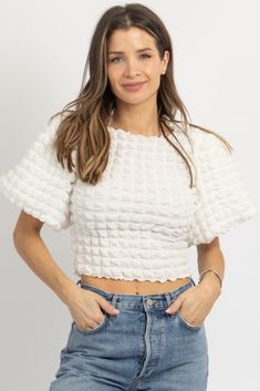 Chic Textured Summer Tops, Fitted Cropped Top In Textured Knit, Fitted Textured Knit Crop Top For Spring, Spring Fitted Textured Knit Crop Top, Chic Textured Knit Fitted Blouse, Chic Textured Knit Crop Top For Spring, Fitted Textured Knit Crop Top, Chic Fitted Textured Knit Blouse, Textured Cropped Crop Top For Spring