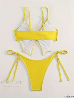 Peilia - Womens Butterfly Print Drawstring Tie Side 2 Piece Set Bikini - Spaghetti Strap, High Stretch Y2K Swimsuits - Stylish Swimwear & Clothing Yellow Spaghetti Strap Swimwear For Vacation, Yellow Spaghetti Straps Swimwear For Vacation, Y2k Swimsuit, Printed Drawstring, Swimwear Outfit, 2 Piece Set, Casual Hoodie, Butterfly Print, Long Sleeve Casual