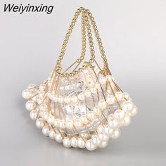 Gold Shoulder Bag For Summer Wedding, Pearl White Beaded Evening Bag For Party, Handheld Pearl Shoulder Bag For Parties, Pearl White Handheld Bags For Party, Pearl White Beaded Shoulder Bag For Party, White Party Bag With Chain, Summer Party Bags With Chain Detail, Beaded Pearl Bags For Parties, Gold Shoulder Bag For Summer Party