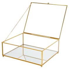 an open glass box with a chain hanging from the front and bottom, on a white background