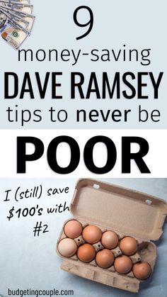 eggs in an egg carton with money on the side and text overlay saying 9 money - saving davisey tips to never be poor