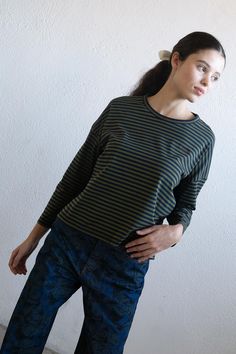 This striped t-shirt is crafted from Pima cotton in khaki and navy hues. It features a round neckline, long sleeves, and a relaxed fit. Designed for comfort and style. Use our virtual size assistant to find your perfect fit. Relaxed Fit Tops With Striped Sleeves For Fall, Fall Relaxed Fit Top With Striped Sleeves, Everyday Striped Tops For Fall, Fall Striped Tops, Everyday Fall Striped Tops, Long Sleeve Tops With Horizontal Stripes For Everyday, Organic Cotton Long Sleeve Tops For Fall, Relaxed Fit Striped Tops For Fall, Long Sleeve Organic Cotton Tops For Fall