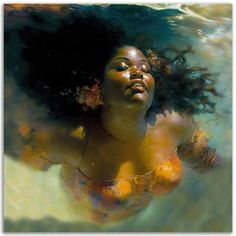 a woman is floating in the water with her hair blowing back and looking up into the sky