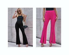 The Split Decision Pants offer a sleek, modern look with their split hem and high-waisted, wide leg design. Constructed with a stretchy, comfortable fabric, and a zipper on the side, they provide a flattering fit for any figure. Enjoy the perfect balance of fashion and comfort! True to size. 95% Polyester 5% Elastane Chic High Stretch Summer Pants, Chic High-stretch Summer Pants, Casual Party Bottoms With Split Hem, Casual Split Hem Bottoms For Party, Chic High-waisted Wide Leg Pants With Side Slits, Trendy Stretch Wide Leg Pants For Spring, High Waist Bottoms With Side Slits In Solid Color, High Waist Solid Bottoms With Side Slits, High Stretch Flare Pants For Spring