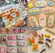 crochet hair clip designs are displayed on a table with scissors and other items