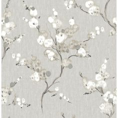 a gray and white wallpaper with flowers on it