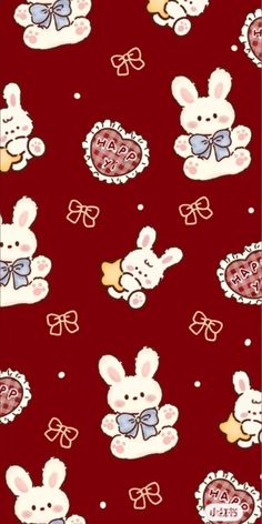 a red background with white rabbits and hearts