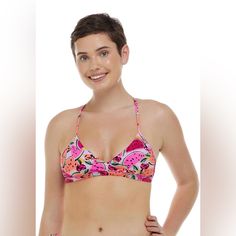 Women's Eidon Melon Pop Madison Fixed Triangle Bikini Top Swim Top Size S Pink Beachwear Tankini With Built-in Bra, Pink Halter Top With Built-in Bra, Pink Swimwear With Built-in Bra For Swimming, Pink Tankini With Built-in Bra For Beachwear, Tropical Pink Swimwear With Built-in Bra, Pink Tankini With Built-in Bra For Beach Season, Casual Pink Swimwear Bra Friendly, Casual Pink Bra Friendly Swimwear, Casual Bra-friendly Pink Swimwear