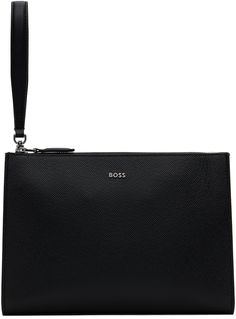 Saffiano leather pouch in black. Detachable card holder with three card slots at interior. · Detachable wrist strap · Logo hardware at face · Zip closure · Logo-woven twill lining · H8 x W11 x D2.75 Supplier color: Black Modern Wallets With Removable Pouch, Modern Wallets With Removable Pouch For Office, Modern Clutch Wallets With Dust Bag Included, Modern Clutch Wallet With Dust Bag Included, Modern Clutch With Interior Card Slots For Office, Modern Office Clutch With Interior Card Slots, Modern Black Wallet With Dust Bag, Rectangular Business Clutch With Palladium Hardware, Modern Black Business Clutch