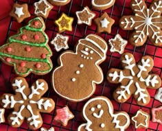 gingerbread cookies decorated with icing and decorations on a cooling rack, including a christmas tree