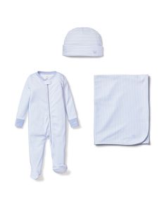 A heavenly trio crafted to cradle your little one in the softest embrace. This exquisite bundle comprises a charming Romper, a cozy Blanket, and an adorable Hat and is designed to make your baby's first days at home as magical as can be. Arrives in our signature gift box for a beautiful gift presentation. In our luxurious sleepwear, your little one will be tucked in love and off to dreamland. Bonne nuit. Luxurious Sleepwear, Welcome Home Baby, Gift Presentation, French Stripes, Baby Set, Pet Gift, Short Pajama Set, Welcome Home, Cozy Blankets