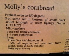 an old recipe for moly's cornbread