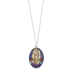 "Featuring a Virgin Mary pendant made with dried, hand-pressed flowers in resin, this sterling silver necklace is a beautiful symbol of your faith. PENDANT DETAILS Pendant size: 1.5""L x 0.85""W Chain length: 18 in. Chain type: rope Clasp: lobster-claw Metal: sterling silver Plating: rhodium Size: 18"". Color: Multicolor. Gender: female. Age Group: adult." Small Diamond Rings, Flowers In Resin, Beautiful Diamond Earrings, Virgin Mary Pendant, Platinum Earrings, Bead Necklaces, Turquoise Bead Necklaces, White Gold Earrings, Yellow Gold Earring