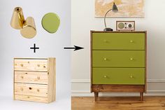 a dresser with three drawers and two pictures on the wall next to it that have been turned into an art piece